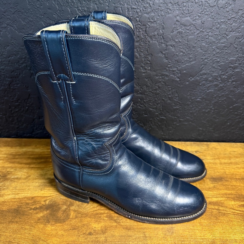 Justin L3057 Navy Blue‎ Leather Western Roper Boots Womens 5.5 B Made in USA